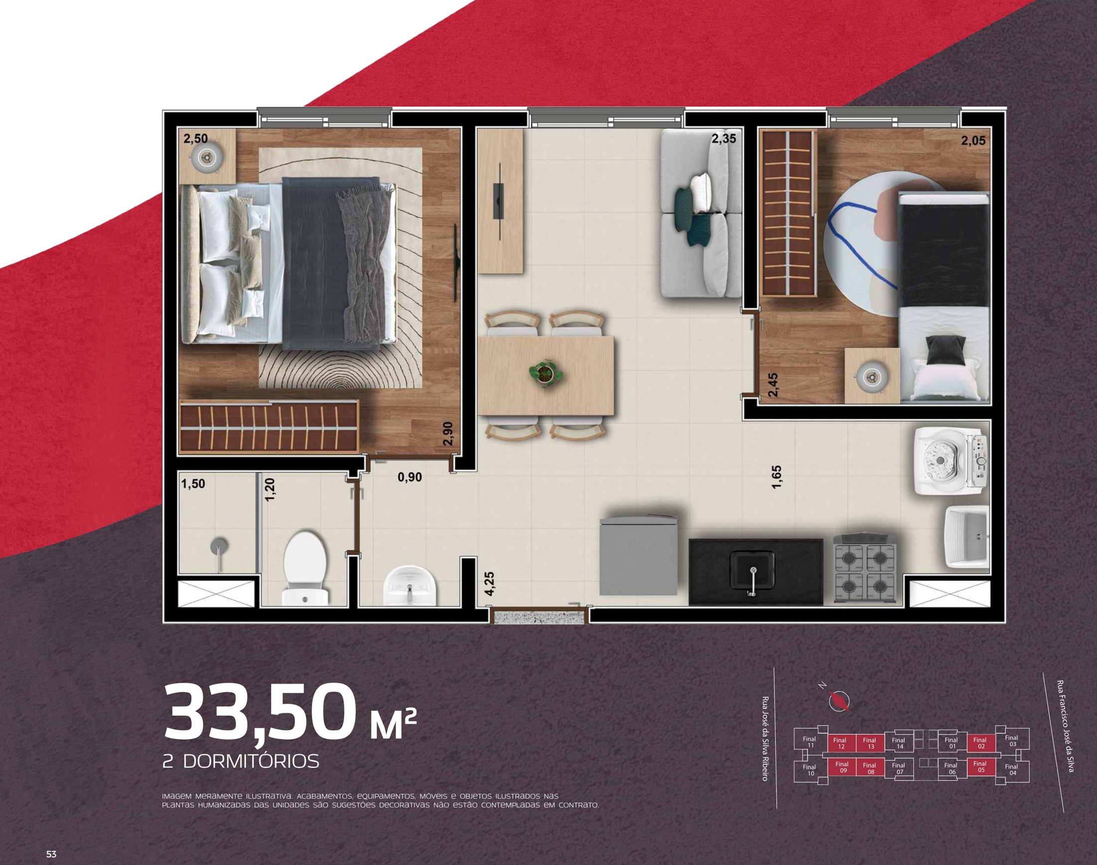 Planta de 33,50 m² com 2 dormitórios