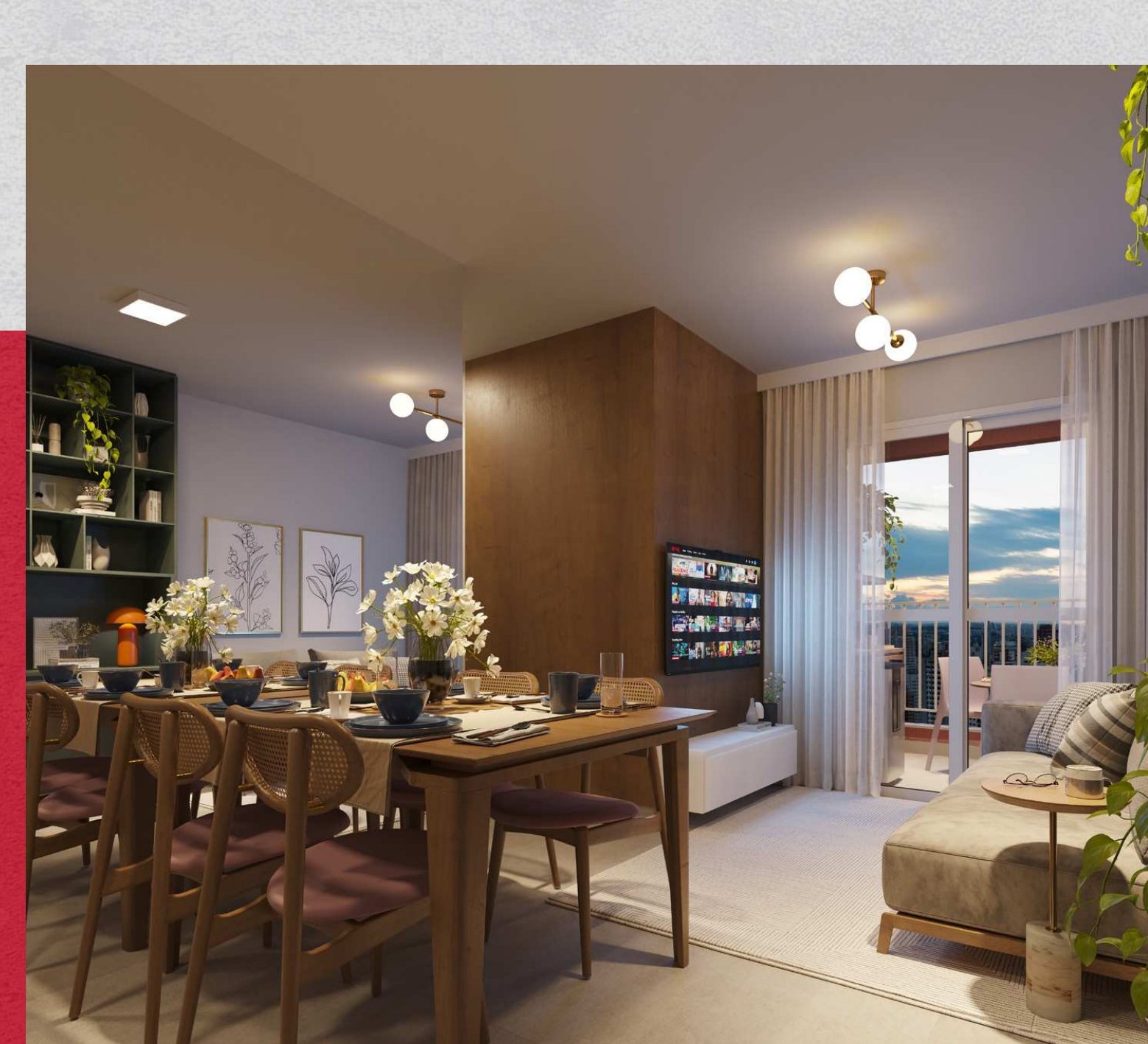 Living decorado da planta de 57 m²
