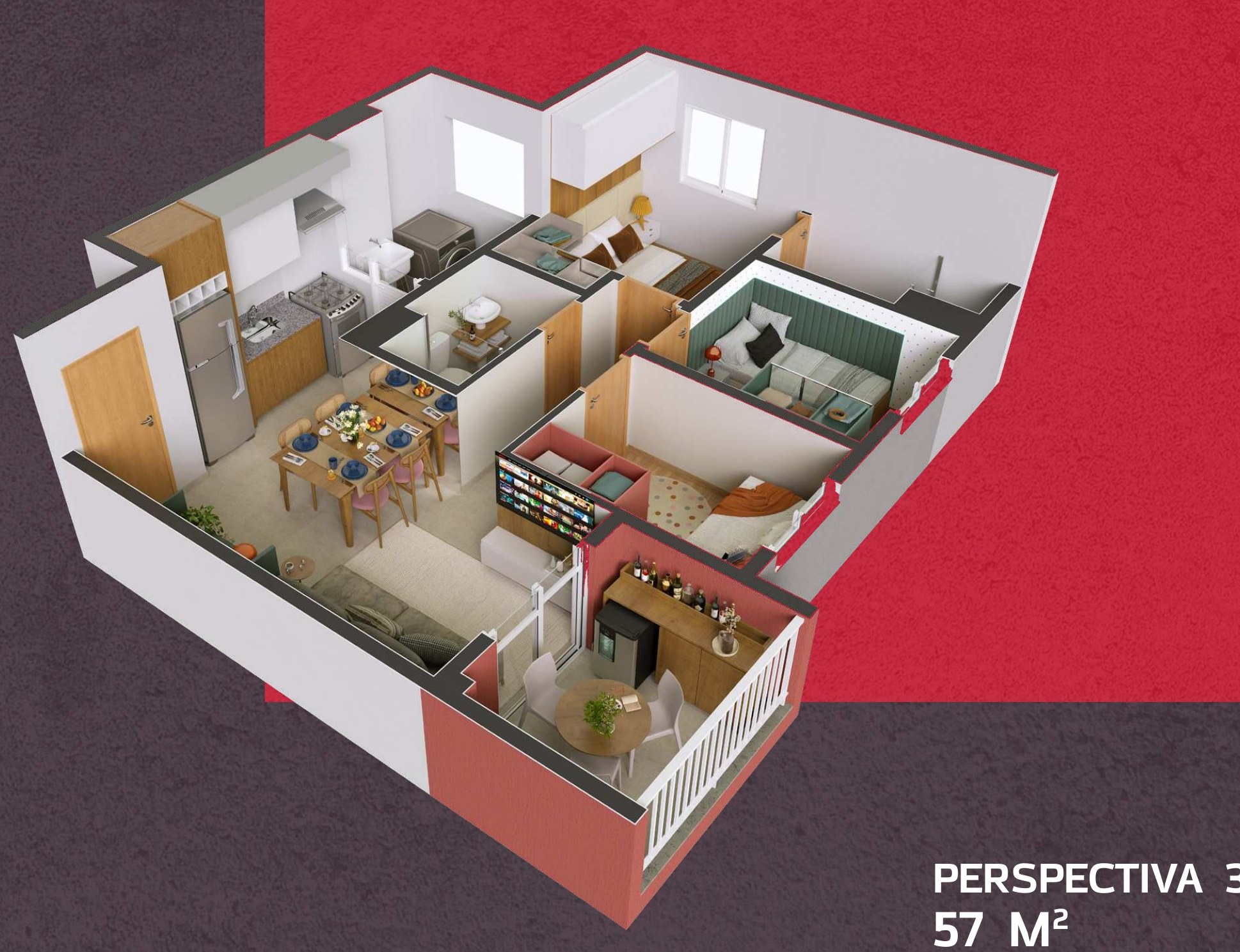 Perspectiva 3D da planta de 57 m²