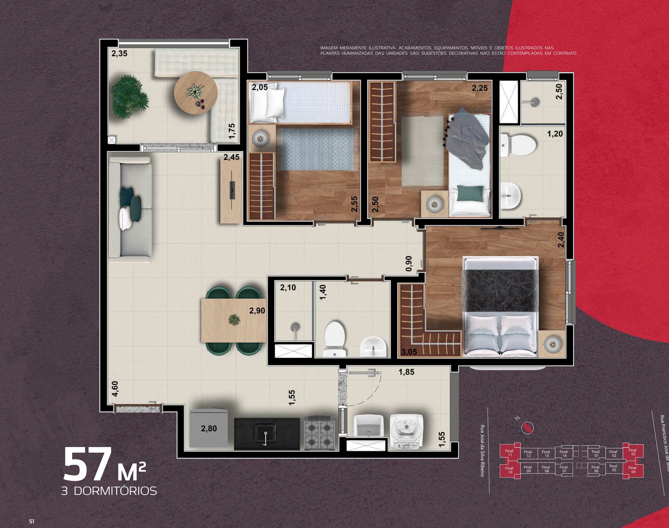 Planta de 57 m² com 3 dormitórios
