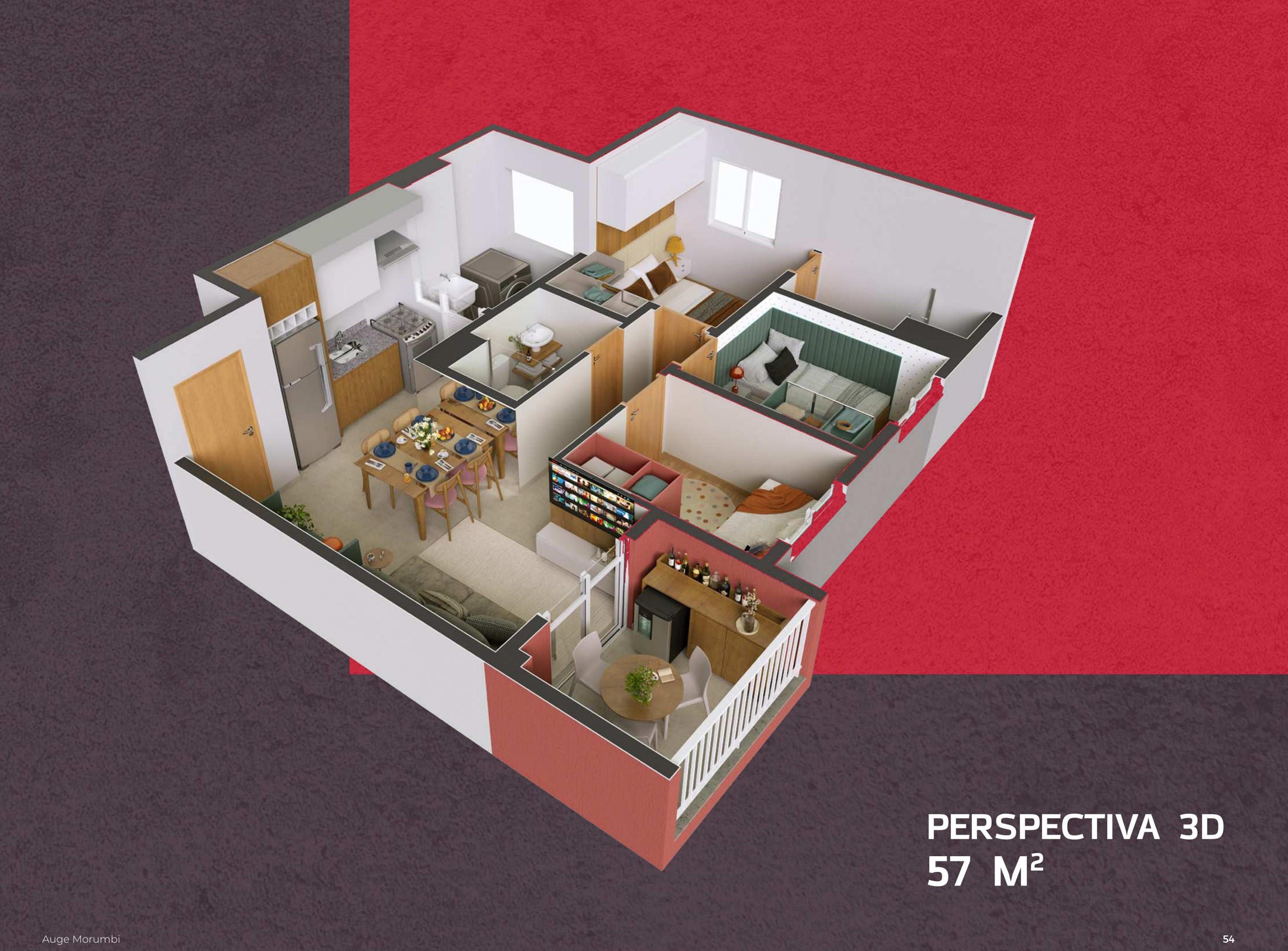 Perspectiva 3D da planta de 57 m²