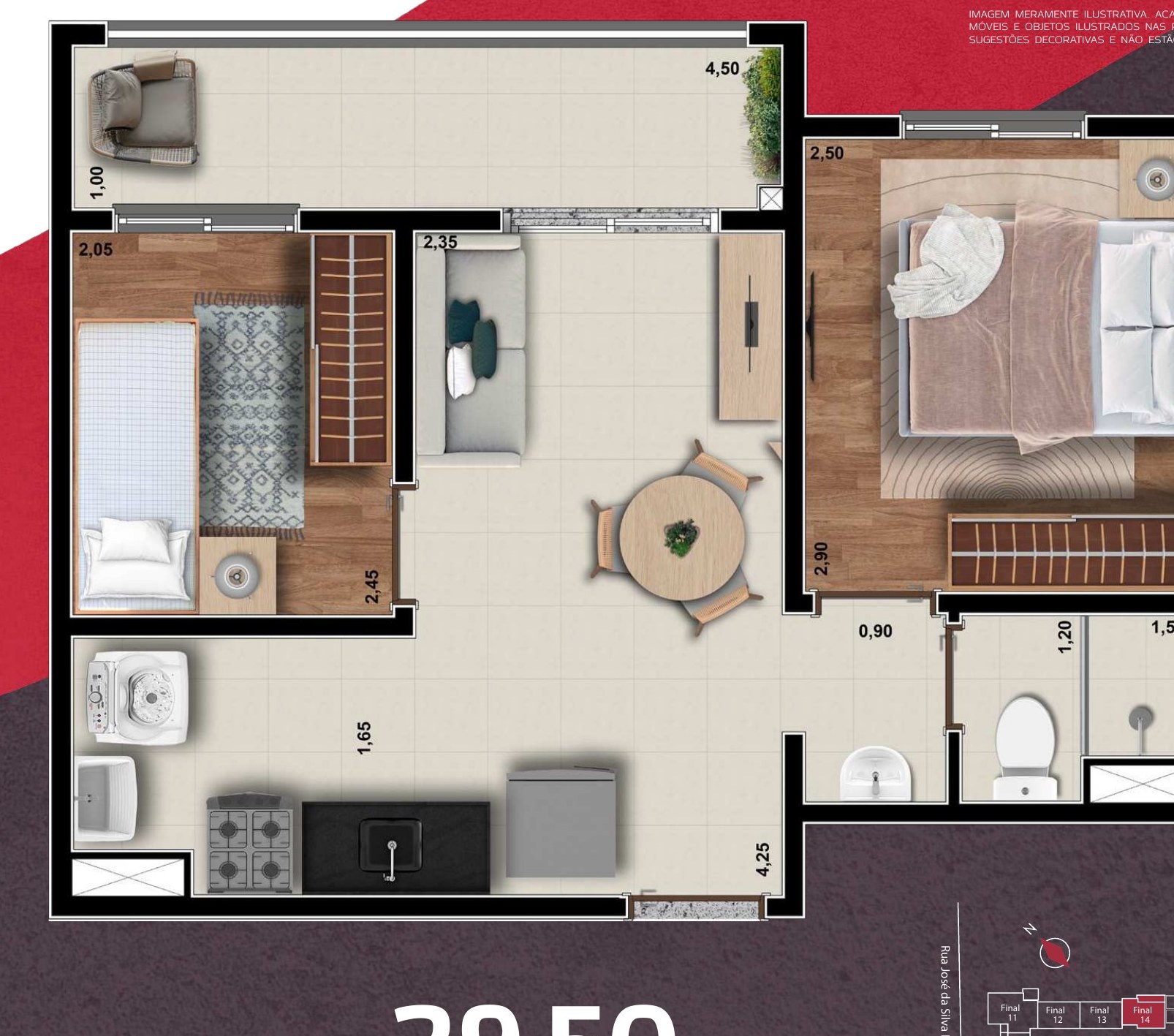 Planta de 39,50 m² com 2 dormitórios