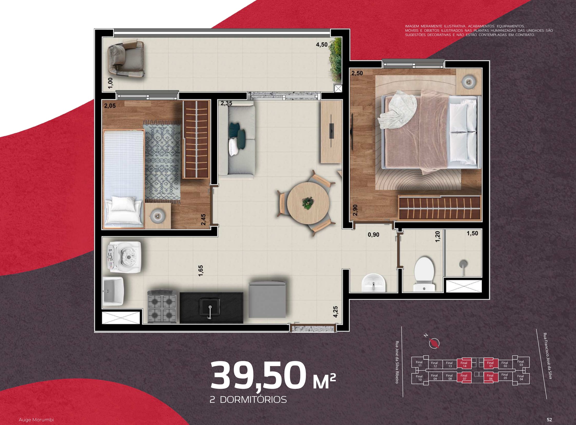 Planta de 39,50 m² com 2 dormitórios