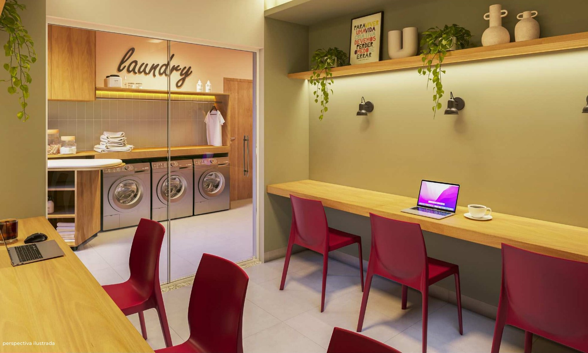 Espaço clean & connect com lavanderia e coworking