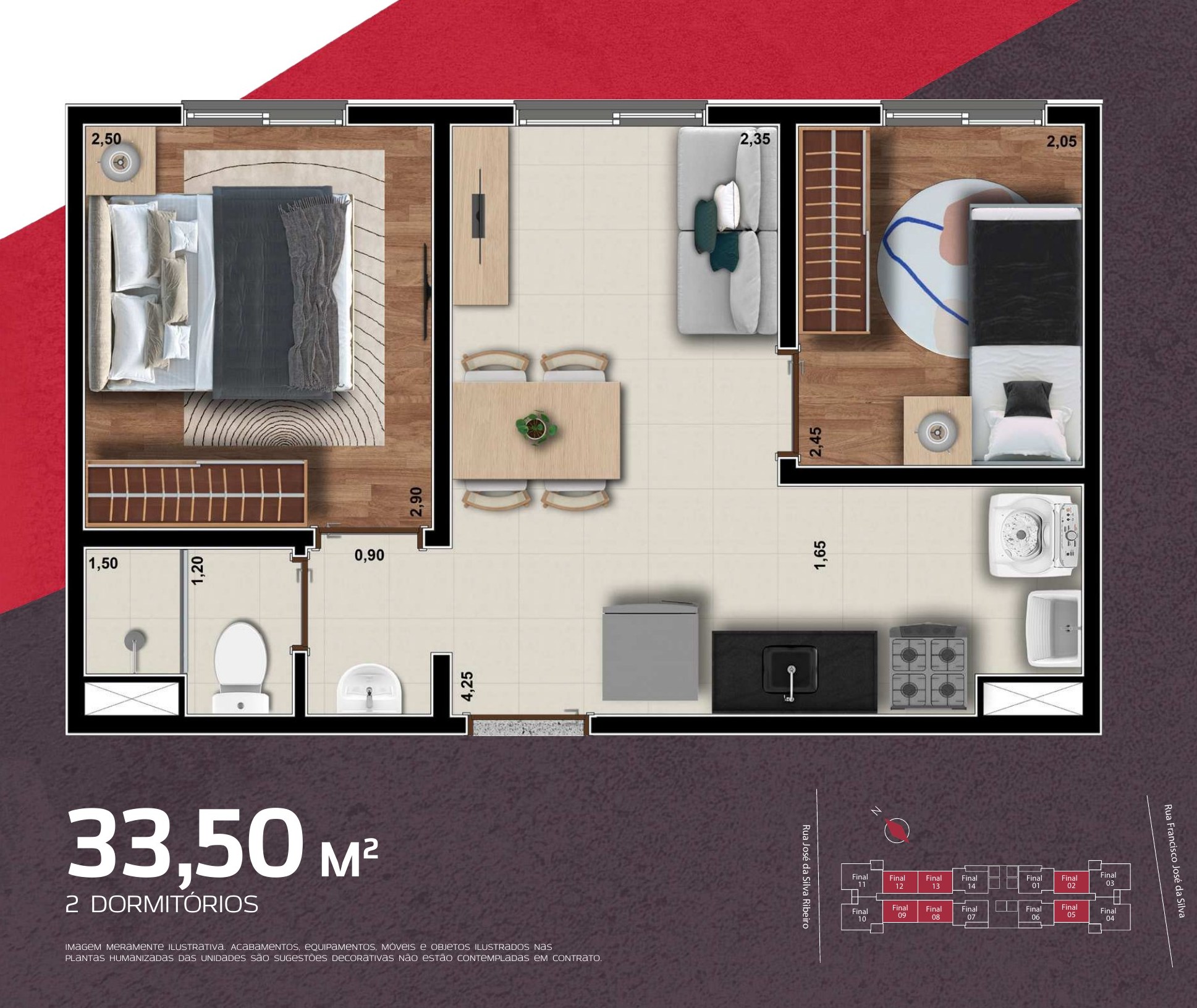 Planta de 33,50 m² com 2 dormitórios
