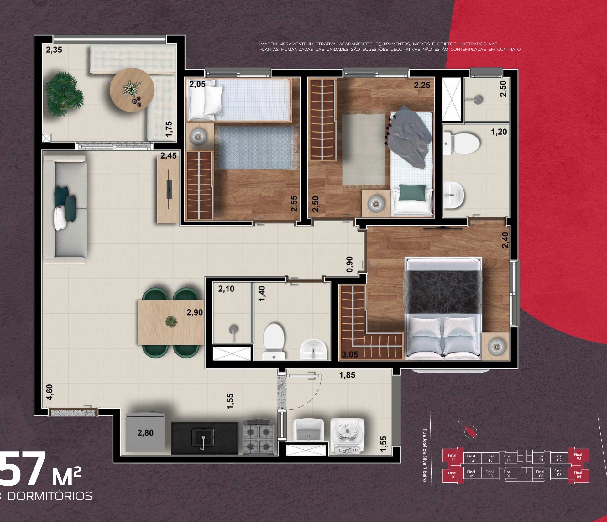 Planta de 57 m² com 3 dormitórios
